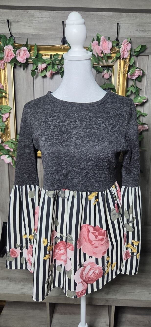 Hailey & Co Women's Small Floral Stripe Peplum Top Bell Sleeve Gray Made USA